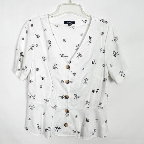 Angels Linen Blend Floral White Ruffle Hem Button Front Top Size Medium - Picture 1 of 12